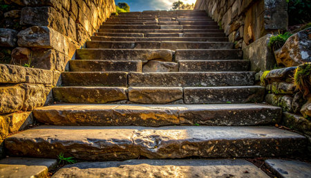 Each weathered stone step tells a story of centuries past, leading upward toward a bright, unknown destination.の素材