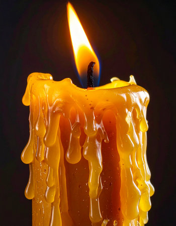 A single flame flickers atop a melting wax candle, its warm light casting a gentle glow in the darkness. Dripping wax creates intricate patterns, marking the slow, quiet passage of time.の素材