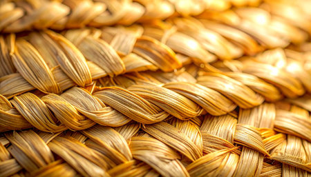 A detailed macro shot captures the intricate, braided pattern of a handmade basket.の素材