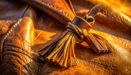 Golden sunlight catches the intricate details of a handcrafted leather tassel, highlighting the rich texture and warm, brown tones.の素材