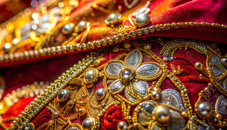 A macro view reveals the exquisite craftsmanship of traditional Indian zardozi embroidery.の素材