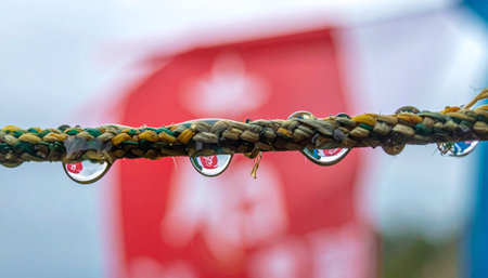 A macro photograph captures the delicate surface tension of crystal-clear raindrops clinging to a weathered, woven rope.の素材