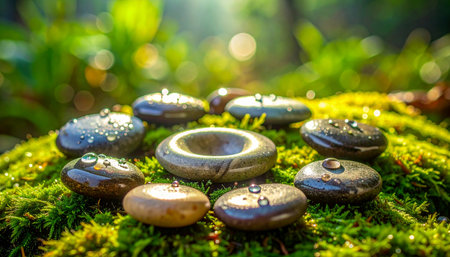 A sacred circle of smooth, dew-kissed stones rests on a vibrant bed of moss, illuminated by a gentle morning sunbeam.の素材