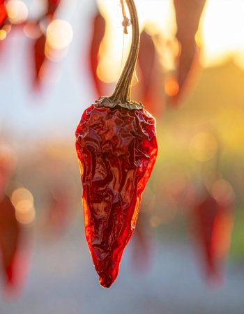 A single red chili pepper hangs to dry, its skin wrinkled by the sun.の素材