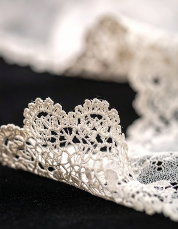 A close-up view reveals the delicate, intricate pattern of a vintage lace trim, a testament to timeless craftsmanship.の素材