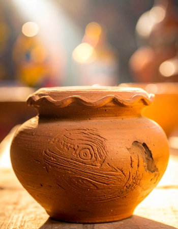 A beautifully handcrafted clay pot sits on a rustic wooden table, bathed in the warm, soft glow of a workshop.の素材