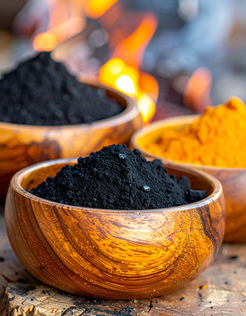 Vibrant mounds of natural charcoal and golden turmeric powder rest in rustic wooden bowls, illuminated by the warm, flickering glow of a fire in the background.の素材