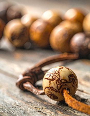 A macro shot captures the intricate detail of a carved wooden mala bead resting on a weathered, rustic surface.の素材