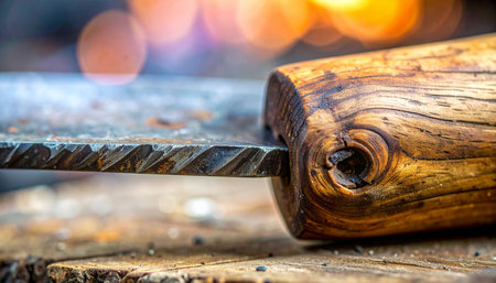 A close-up of a hand-forged knife, its twisted steel blade and rustic wooden handle resting on a stump.の素材