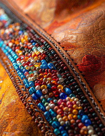 A macro view reveals the meticulous artistry of handcrafted beadwork, where each colorful bead is carefully stitched onto a warm, textured fabric.の素材