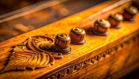 Golden light illuminates the exquisite, hand-carved details of a vintage wooden instrument.の素材