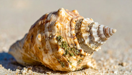 A weathered conch shell, a relic from the ocean's depths, rests peacefully on the warm, sun-drenched sand.の素材
