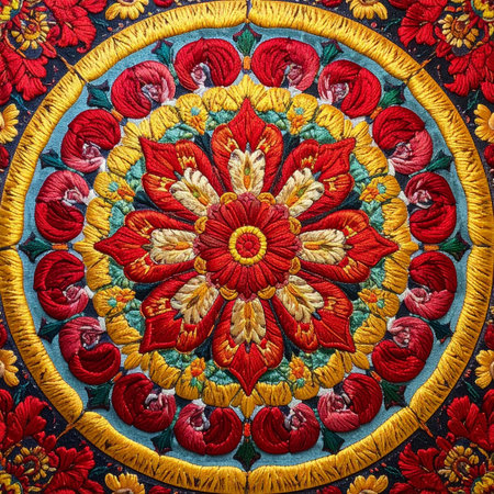 A close-up view reveals the intricate stitches and vibrant threads of a handmade floral mandala.の素材
