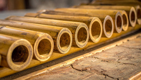 In a sunlit workshop, a row of freshly cut bamboo stalks awaits transformation.の素材