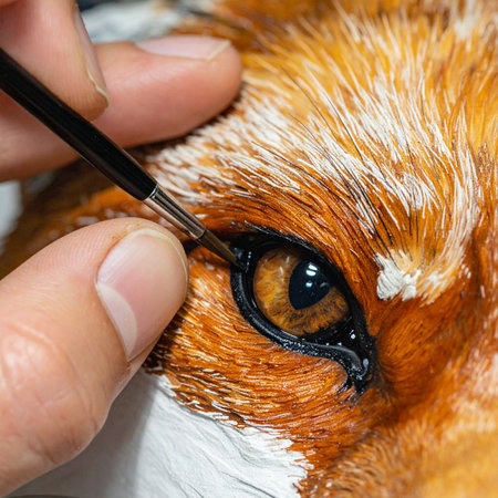 With a steady hand and immense focus, an artist applies the final, delicate brushstrokes to a hyperrealistic painting.の素材