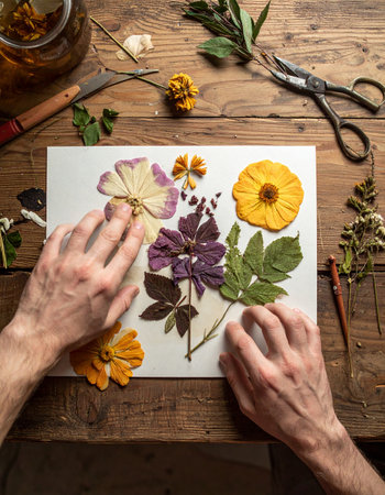 An artist's hands carefully arrange a delicate collage of pressed flowers and leaves on a rustic wooden table.の素材