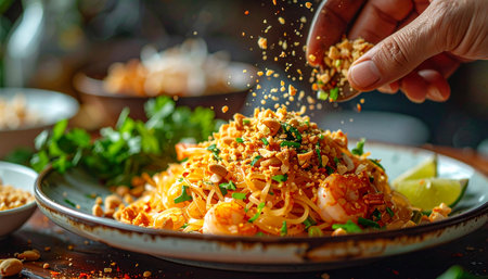A chef adds the final, perfect touch to a steaming plate of authentic shrimp Pad Thai.の素材