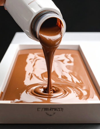 A skilled chocolatier meticulously pours a stream of smooth, melted chocolate into a white mold.の素材