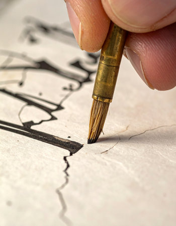 A close-up view captures the intense focus of an artist's hand guiding a traditional brush.の素材