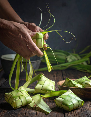Skilled hands carefully weave young palm leaves into intricate diamond-shaped pouches, preparing the traditional ketupat rice cakes.の素材
