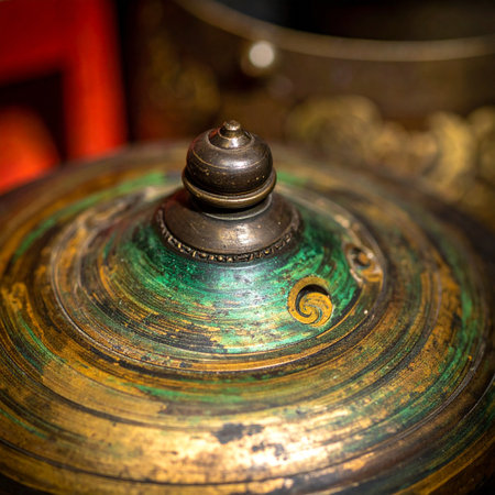 A close-up view reveals the rich history etched into an antique metal container lid.の素材