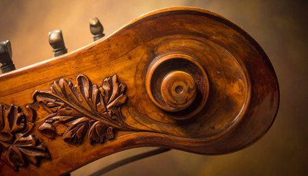 A close-up view reveals the exquisite, hand-carved details of a baroque string instrument's scroll.の素材