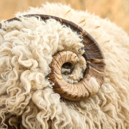 A detailed macro shot captures the intricate spiral of a ram's horn nestled in its thick, creamy fleece.の素材