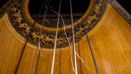 A dramatic close-up view from inside an old acoustic guitar, where frayed and broken strings hang silently.の素材