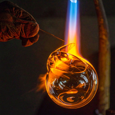 In the focused heat of the workshop, a master artisan carefully shapes a piece of molten glass.の素材