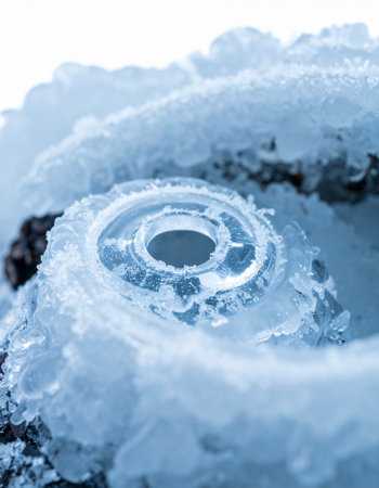 A mysterious circular artifact, perhaps a piece of forgotten technology, is discovered encased in ice.の素材