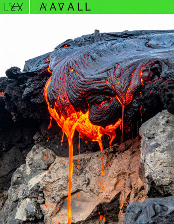 A close-up view captures the raw, elemental power of creation as incandescent molten lava drips slowly over the dark, cooled crust of volcanic rock.の素材