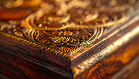 A macro perspective reveals the exquisite craftsmanship of an antique wooden box. Warm light catches the intricate, gilded carvings, hinting at the precious secrets and timeless treasures held within.の素材