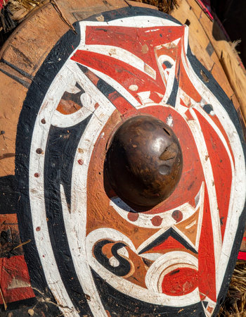 A close-up view reveals the intricate, hand-painted patterns of a traditional tribal shield.の素材