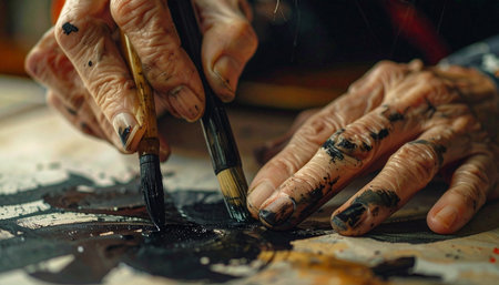 With hands stained by decades of dedication, a master artist meticulously applies black ink to paper.の素材