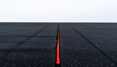 A glowing red line cuts through the dark asphalt, creating a powerful visual path leading straight to a bright, unknown horizon.の素材