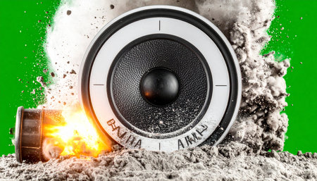 An audio speaker unleashes a cataclysmic explosion of sound, shattering its surroundings in a cloud of dust and fire.の素材