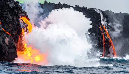 Witness the raw, elemental power of creation as molten lava from a volcano cascades down a rugged cliff into the turbulent ocean.の素材