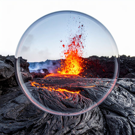 A crystal ball rests on cooled lava rock, perfectly framing the raw, explosive power of a live volcanic eruption.の素材