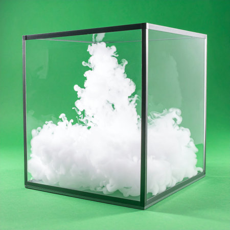 A mesmerizing swirl of white ink blossoms within the confines of a transparent glass cube, creating a dynamic, cloud-like formation.の素材