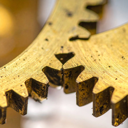 A detailed macro view captures the intricate dance of interlocking brass gears.の素材