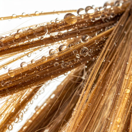 A stunning macro photograph capturing the intricate beauty of healthy, golden hair strands.の素材