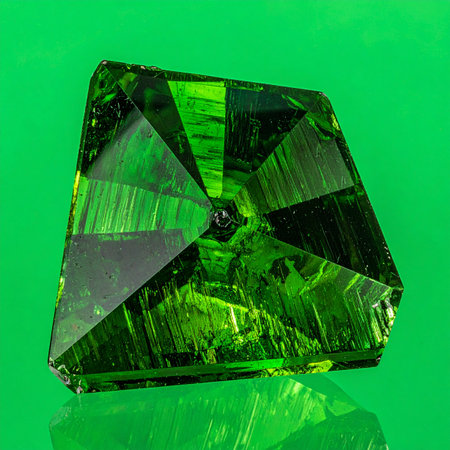 A stunning macro photograph captures the intricate facets and vibrant lime-green color of a precision-cut peridot gemstone.の素材