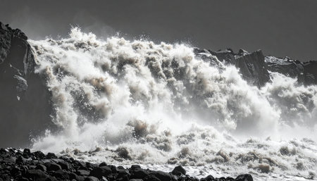 A dramatic black and white depiction of a colossal waterfall, capturing the untamed force of nature.の素材