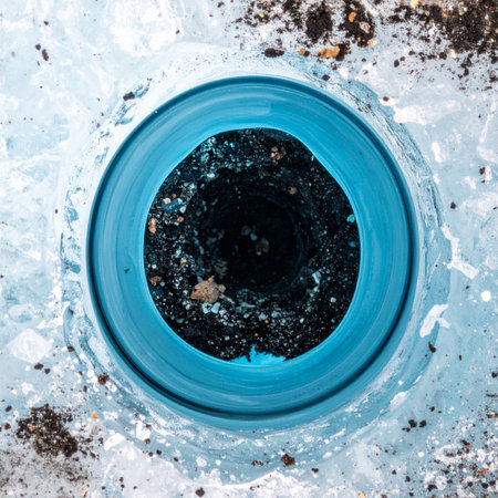 An overhead macro view captures the intense blue ring of a scientific borehole drilled deep into arctic permafrost.の素材