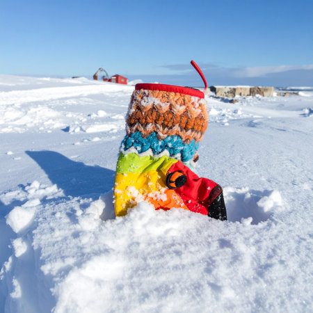 A single, brightly colored boot, adorned with a handmade knitted cover, stands defiantly in the deep snow of a vast, frozen landscape.の素材