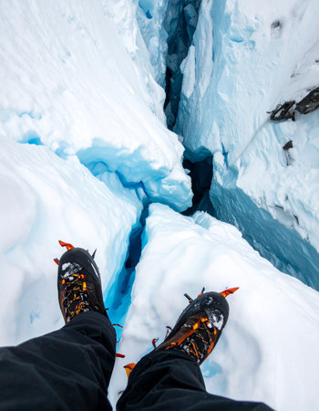 A thrilling first-person perspective of a mountaineer standing on the brink of a deep, blue glacier crevasse.の素材