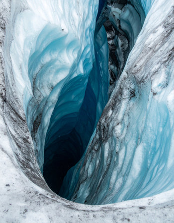 A mesmerizing view into the heart of an ancient glacier, where centuries of compressed ice reveal stunning shades of deep blue.の素材