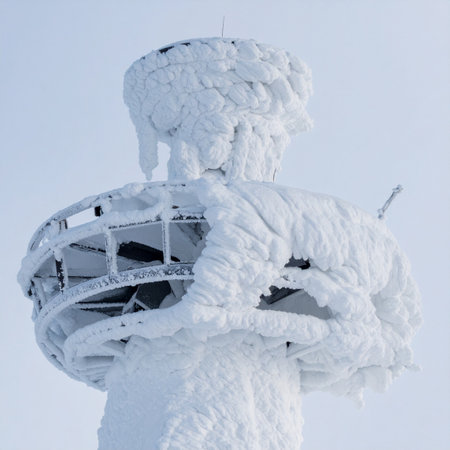 A remote arctic antenna is completely encased in a thick layer of rime ice, sculpted by fierce winds and extreme cold.の素材