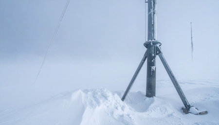 In the heart of a relentless arctic blizzard, a lone piece of scientific equipment stands firm against the howling wind and burying snow.の素材