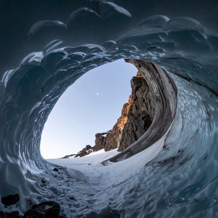 From the heart of a glacier, the world is seen through a new lens. The smooth, frozen walls of an ice cave curve like a massive wave, framing a majestic, snow-dusted mountain peak against a clear sky.の素材
